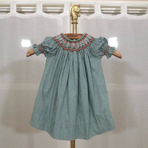 Vintage Other - Vintage 90s Sweet Angela Christmas Smocked Green Gingham Baby Dress